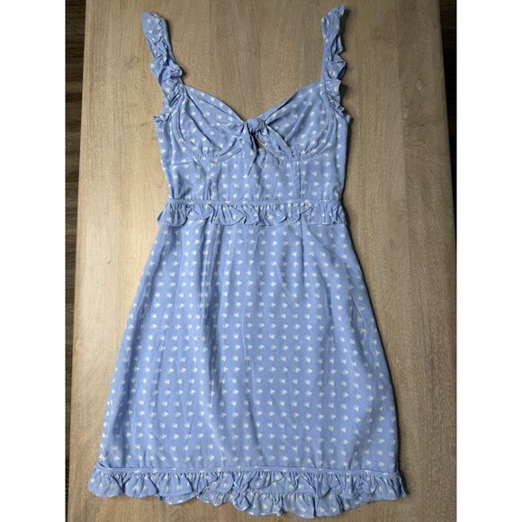 For Love and Lemons Sweetheart Mini Dress Light Blue Hearts Size XS Ruffle Bow - Picture 3 of 10